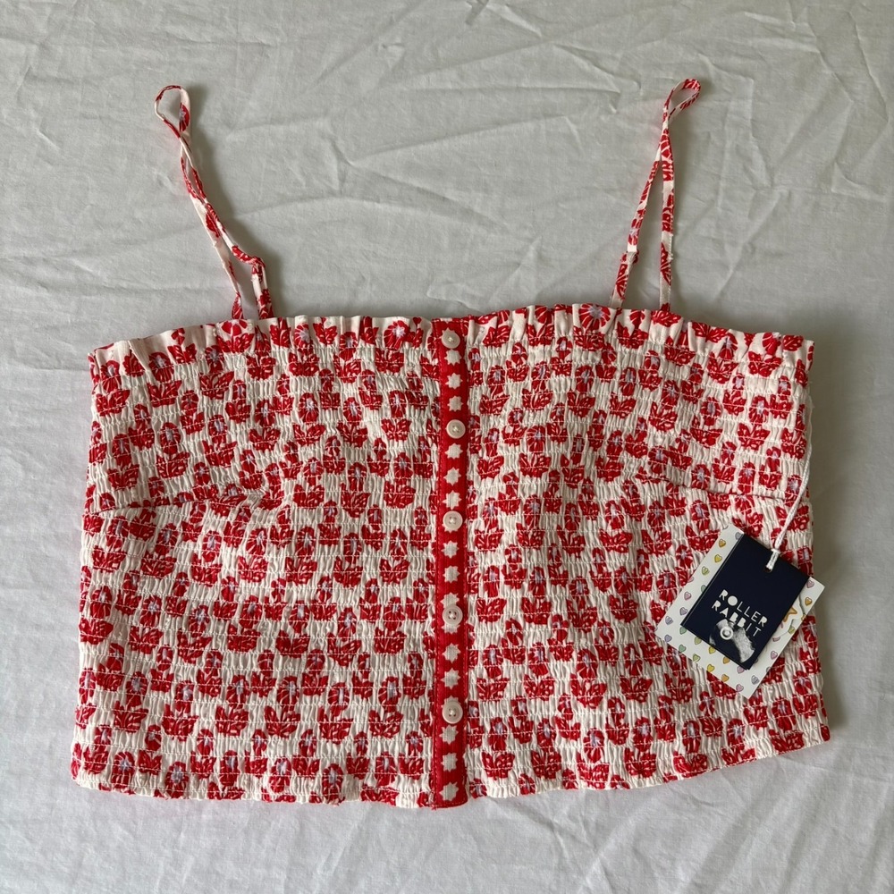 NWT Roller Rabbit x Target Womens Red White Floral Smocked Cami Tank Top Size L